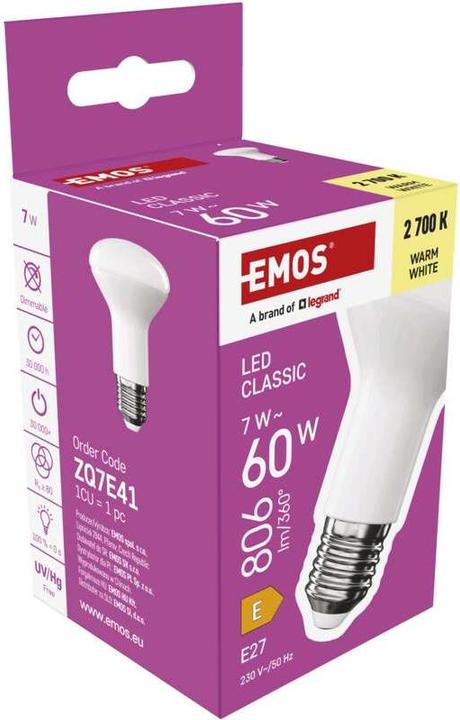 Image du produit Emos Lampe LED Classic R63 / E27 / 7 W (60 W) / 806 lm / Blanc chaud (E27, 806 lm, 1x)