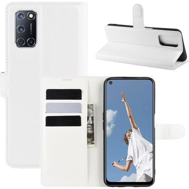 MU Classic Litchi Leder Bookcover Series (Oppo A52), Smartphone Hülle, Weiss