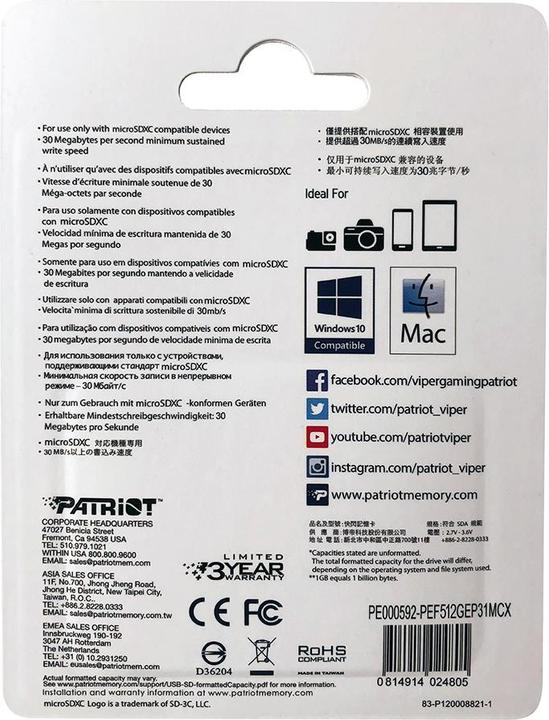 Voedingswaarden en ingrediënten Patriot EP Pro Micro SDXC 1TB 90/80 MB/s A1 V30 U3 Klasse10 (512 GB, microSDXC, U3, UHS-I)