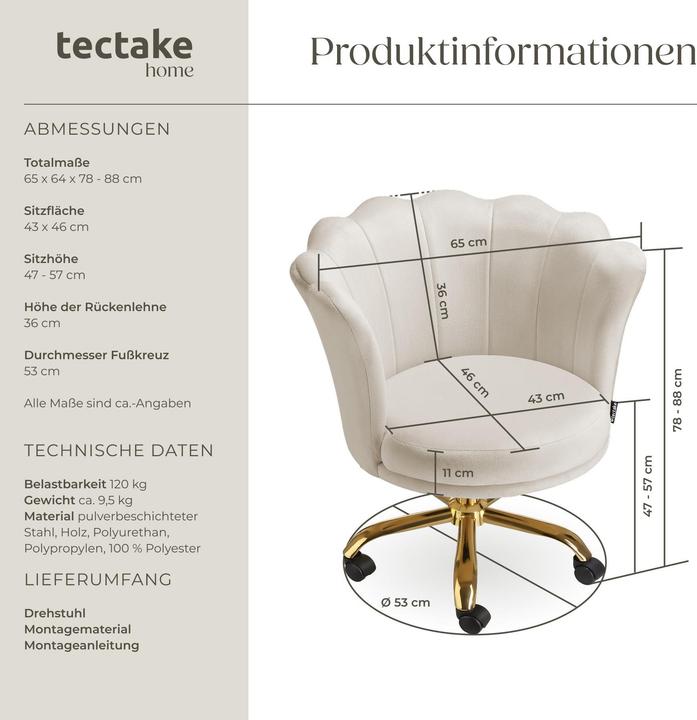 Actual product image tectake Desk chair Stella velvet, upholstered,double castors (47 - 57 cm)