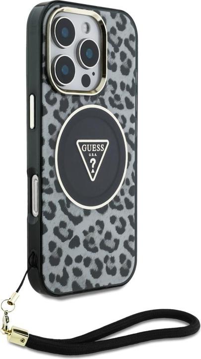 Actual product image Guess HC IML Leopard Triangle Cord Strap MagSafe Case for iPhone 16 Pro Max - Black