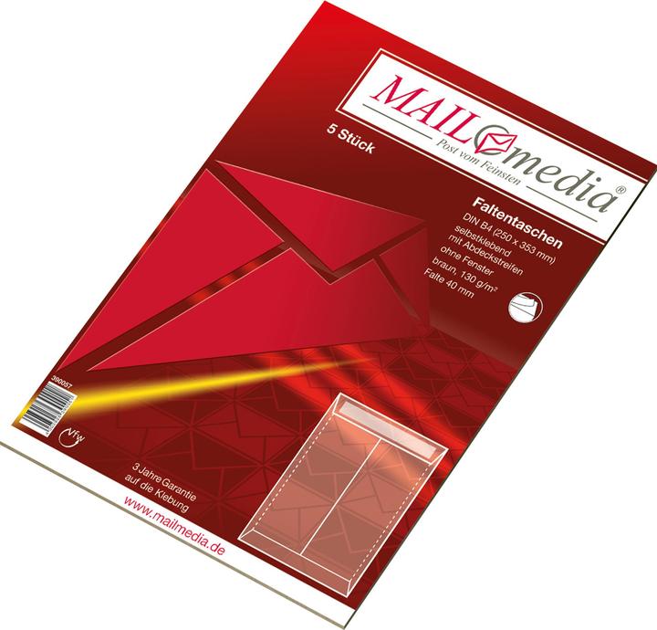 Produktbild Mailmedia Faltentaschen mit Haftklebestreifen, B4 ohne Fenster, braun, 130 g-qm, 40 mm Falte (390... (5 x)