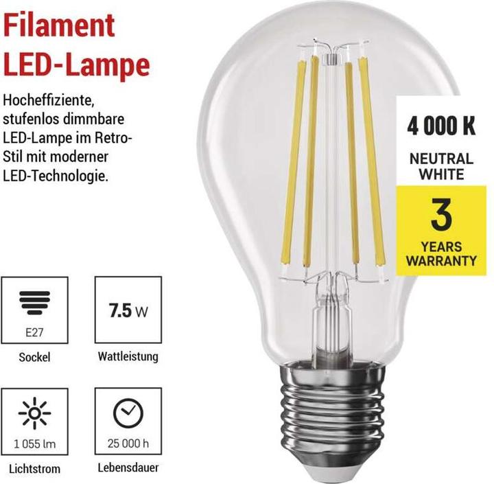 Energie-Label Emos LED Lampe Filament A60 / E27 / 7,5 W (75 W) / 1 055 lm / Neutralweiss / dimmbar (E27, 7.50 W, 1055 lm, 1 x, D)