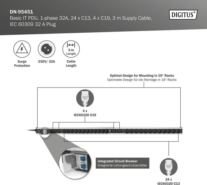 Produktbild Digitus Basis IT PDU, 1-phasig 32A, 24 x C13, 4 x C19, 3 m Zuleitung, IEC 60309 32 A Stecker