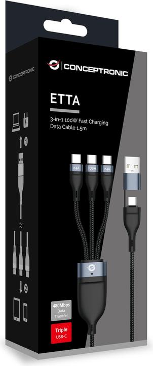 Produktbild Conceptronic Kabel USB2.0 -> 3-in-1 USB-C E-Mark 100W 1.50m (1.50 m, USB 2.0, 100 W)