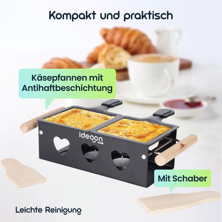 Produktbild Ideoon Raclette-Teelicht für 2 Person, Raclette Set ohne Strom inkl. Teelichtern und Schaber aus Metall