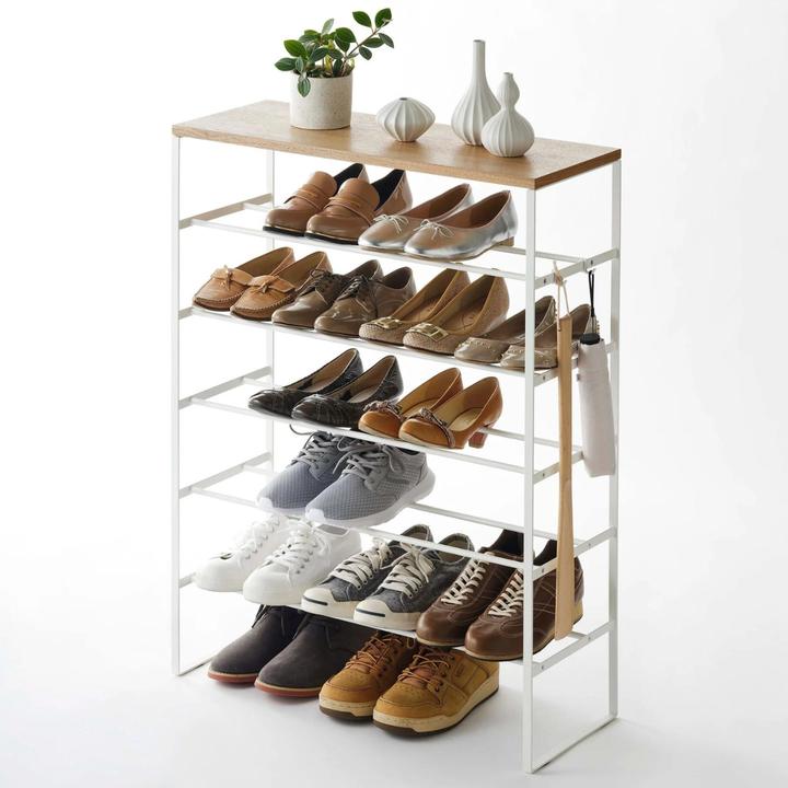 Actual product image Yamazaki 6-tier shoe rack with wooden shelf TOWER (66 x 25 x 87 cm)