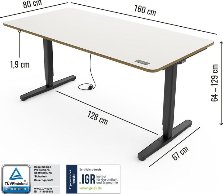 Image du produit Yaasa Desk Pro - bureau réglable en hauteur (160 x 80 x 129 cm)