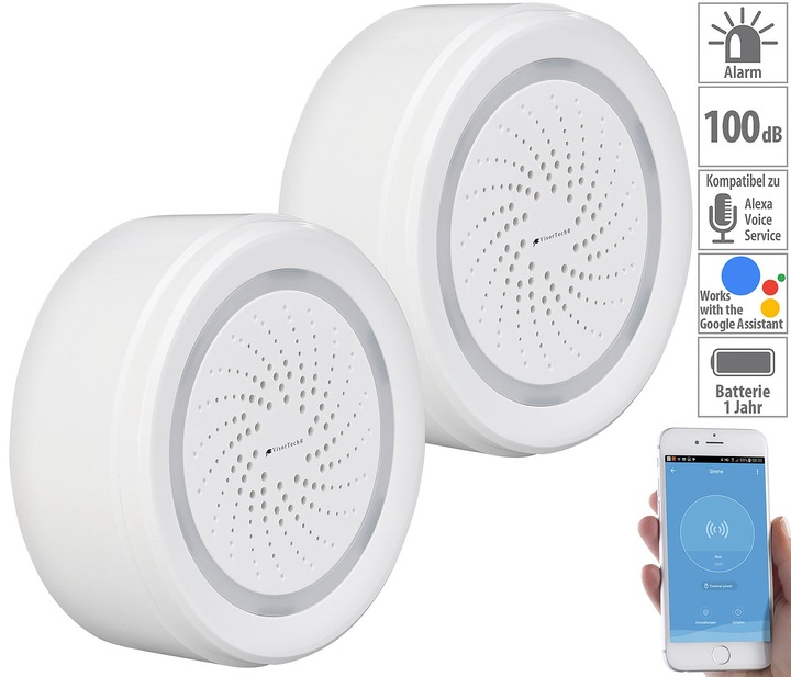 Produktbild VisorTech 2er-Set Alarm-Sirene mit WLAN & App, komp. zu Alexa & Google Assistant