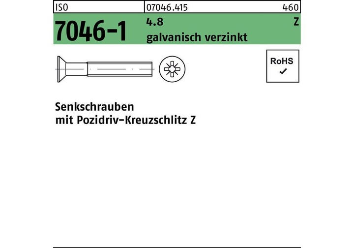 Produktbild Senkschraube ISO 7046-1 m.Kreuzschlitz-PZ M 4 x 20 -Z 4.8 galvanisch verzinkt (2000 Schrauben pro Stück)