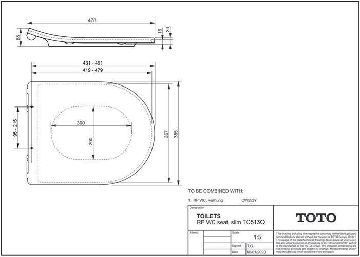 Actual product image TOTO RP WC seat removable, with soft-closing mechanism white