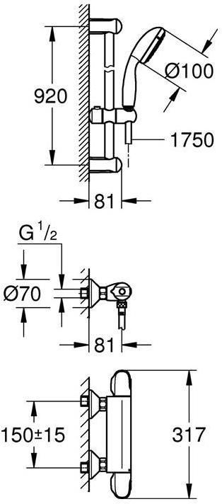 Image du produit Grohe Mitigeur thermostatique de douche GROHTHERM 1000 1/2 pouce, avec garniture de douche chromé