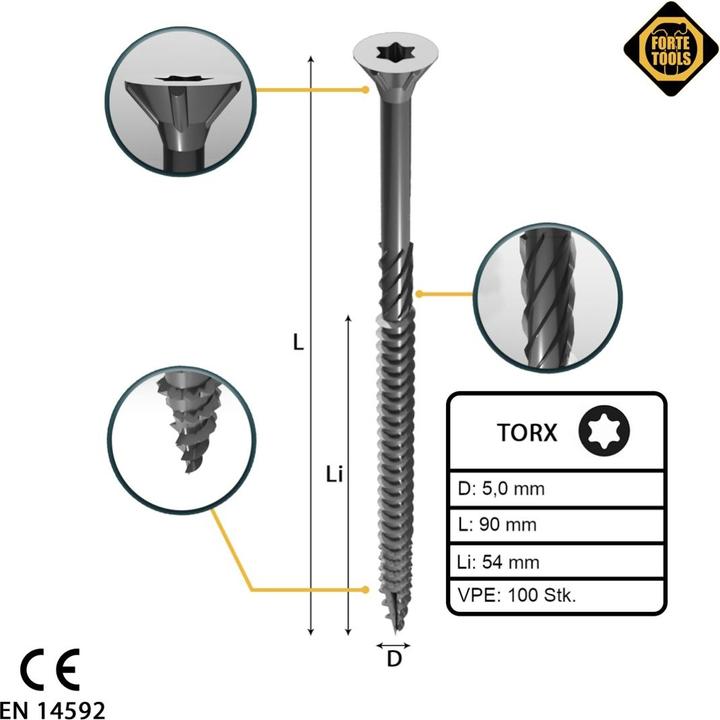 Actual product image Forte tools CHIPBOARD SCR T25 5.0X90/54 WHITE ZN(100 (100 Screws per piece)