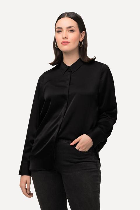 Produktbild Ulla Popken Satin-Hemdbluse, hinten länger, Hemdkragen, Langarm (54)