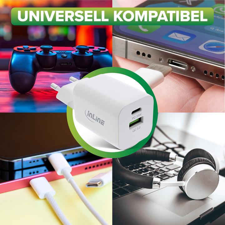 Actual product image InLine USB power adapter, charger, USB-A + USB-C, 33W, Power Delivery + Quick Charge, white (33 W, 2 ports)