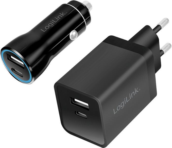 Produktbild LogiLink USB-Ladeadapter-Set, Auto & AC, USB-C/F + USB-A/F, 5 V/15 W, schwarz