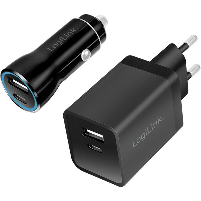 Thumbnail - LogiLink USB-Ladeadapter-Set, Auto & AC, USB-C/F + USB-A/F, 5 V/15 W, schwarz, Auto Adapter, Schwarz