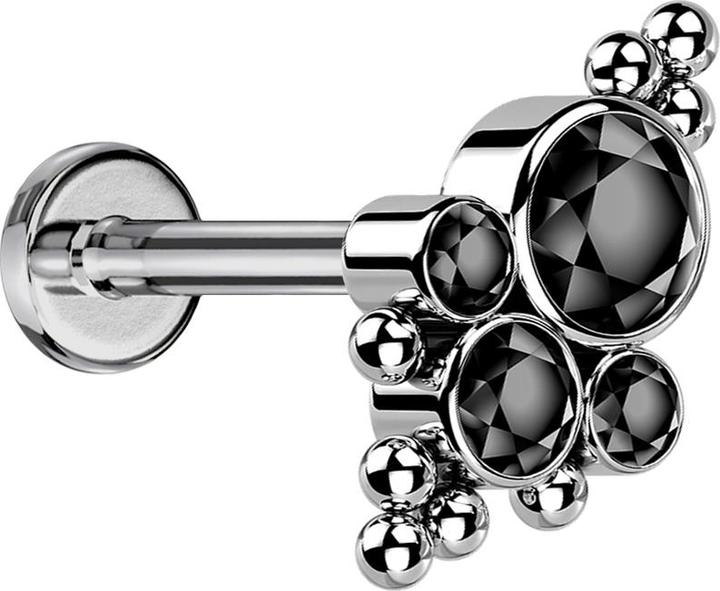 Image du produit Star Piercing Micro Threadless Labret silber Kugeln vier Kristalle schwarz (sans laiton, Titane)