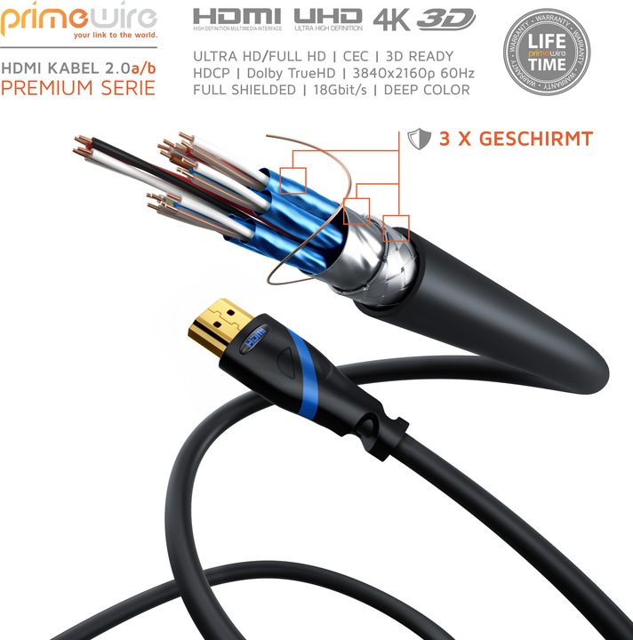 Image du produit Primewire Câble HDMI 2.0b, type A, Ultra HD Highspeed 4K 60Hz, Full HD, 3D, ARC, 18 GBit/s, triple blindage (0.25 m, HDMI)