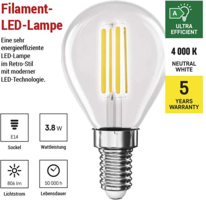 Energie-Label Emos LED Lampe Filament Mini Globe A CLASS / E14 / 3,8 W (60 W) / 806 lm / Neutral Weiss (E14, 3.80 W, 806 lm, 1 x, A)