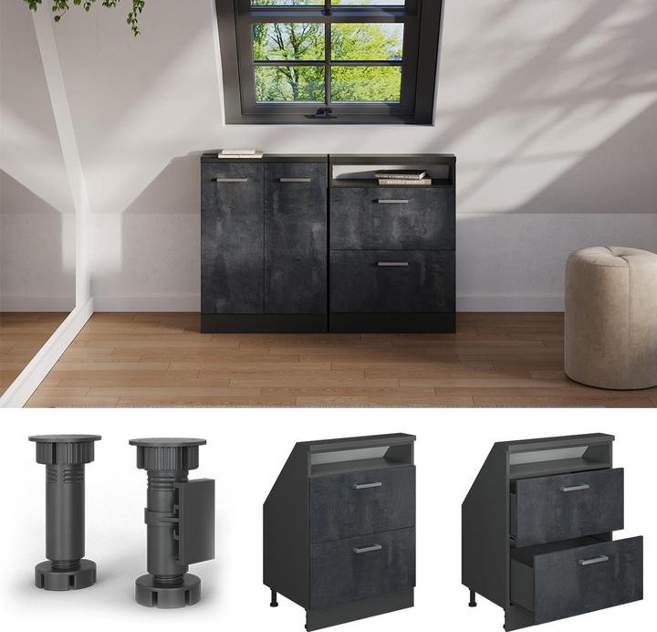 Produktbild Vichy Dachschrägenschrank Rion, Schwarz Beton/Anthrazit/Anthrazit, mit 2 Schubladen (46 x 60 x 81.60 cm)