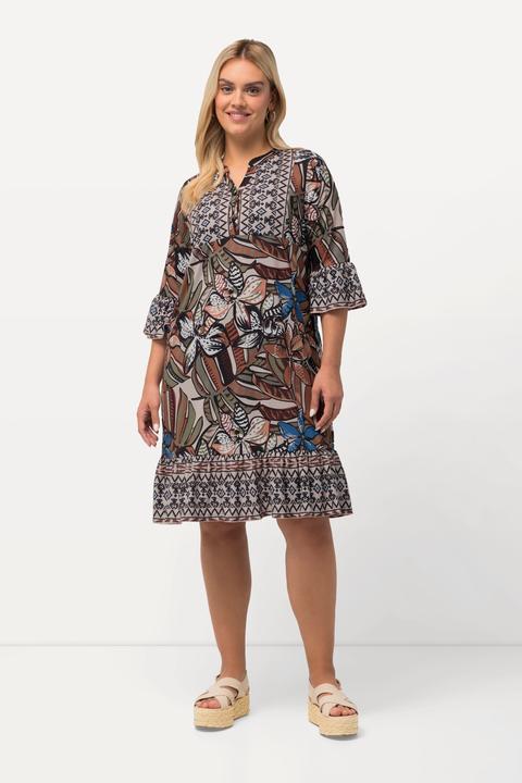 Actual product image Ulla Popken Mixed Print Flounce Panel 3/4 Sleeve Dress (50, 52)
