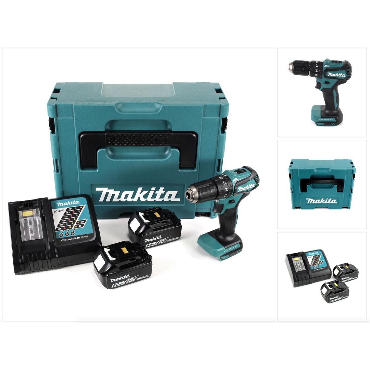 Makita, Bohrmaschine + Akkuschrauber, DHP 483 RTJ Akku Schlagbohrschrauber 18V 40Nm im Makpac + 2x 5,0 Ah Akku + Ladeger...