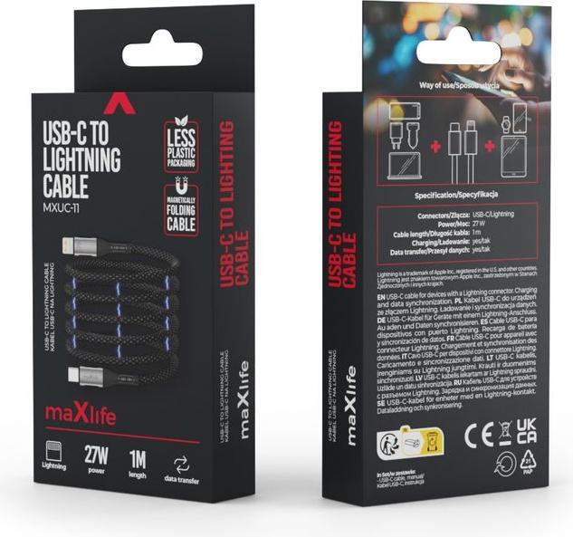 Actual product image Maxlife MXUC-11 magnetic cable USB-C - Lightning 1,0 m 27W black nylon (1 m, USB 3.2 Gen 1, 27 W)