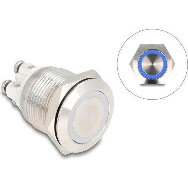 Delock Drucktaster zum Einbau 19 mm 4 x Schraubklemme LED bl, Taster + Schalter, Silber