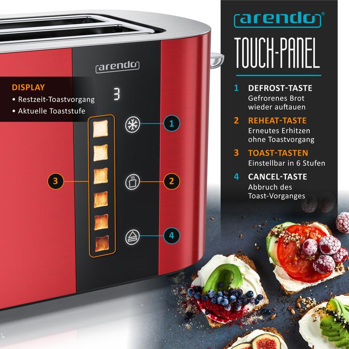 Image du produit Arendo Toaster Edelstahl 4 Scheiben Langschlitz, Bräunungsgrad & Restzeitanzeige, Touch Display, 1500 W