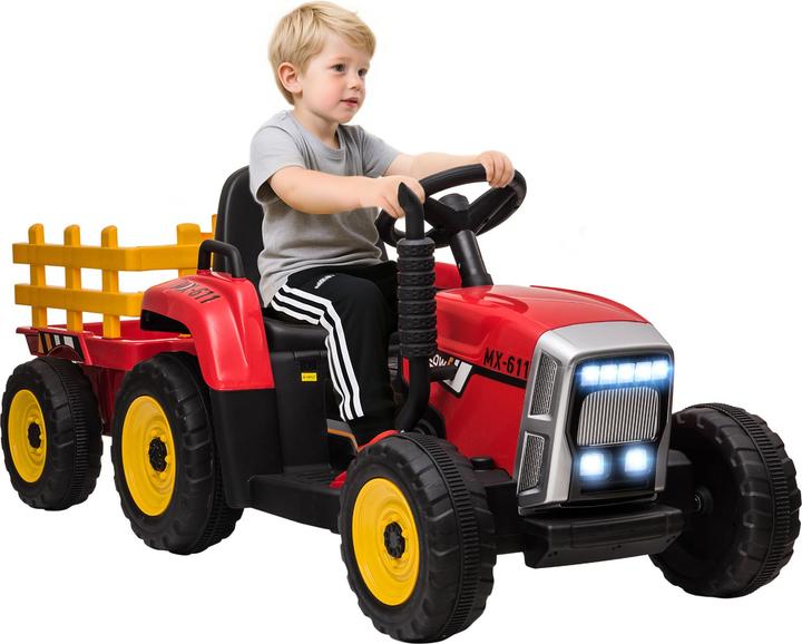 Homcom Kinderelektro-Traktor mit Anhänger, Fernbedienung, MP3, Scheinwerfer, 3-6KM/H, Rot