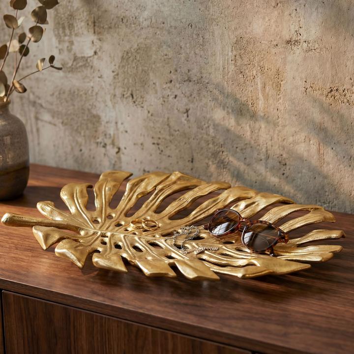 Produktbild FineBuy Dekoschale Metall 36cm Blatt Standdeko Design Tischdeko Obstschale Deko Alu