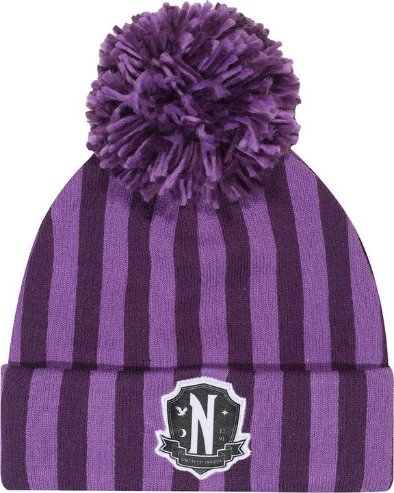 Actual product image Wednesday Unisex Adult Nevermore Stripes Logo Beanie
