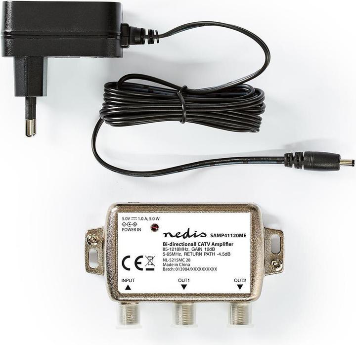 Produktbild Nedis SAMP41120ME CATV-Verstärker Verstärkung: 12 dB 85-1218 MHz Anzahl der Ausgänge: 2 Rückweg Silb (Stromversorgung)