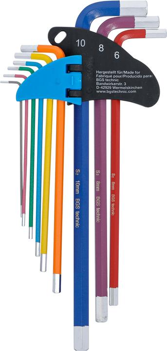 Image du produit BGS Jeu de clés allen | multicolore | extra longues | six pans femelle 1,5 - 10 mm | 9 pièces