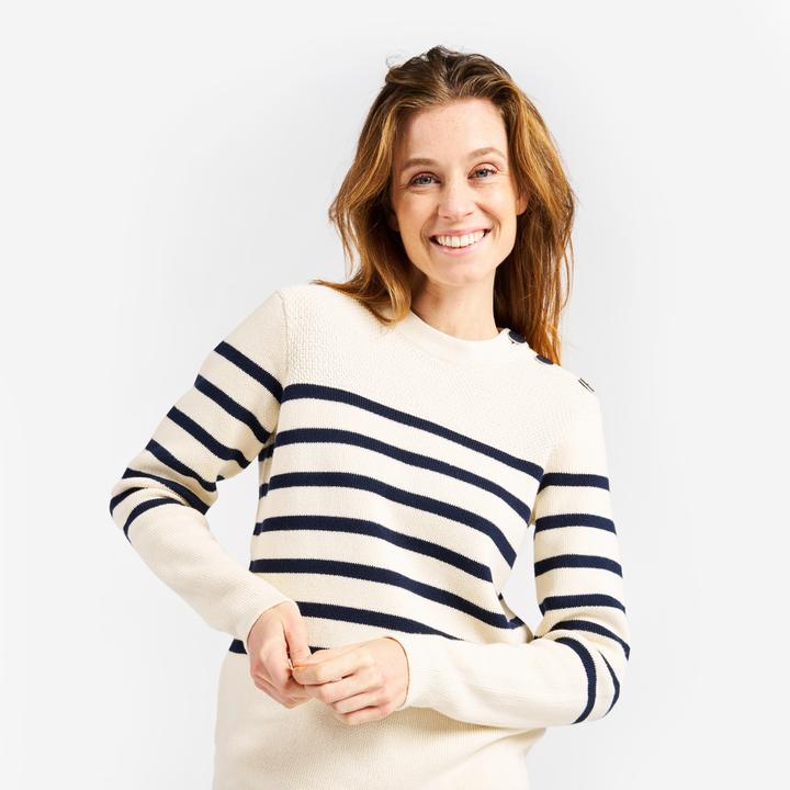 Immagine prodotto Tribord Pullover da donna in maglia navy, 100, beige a righe blu navy (M)