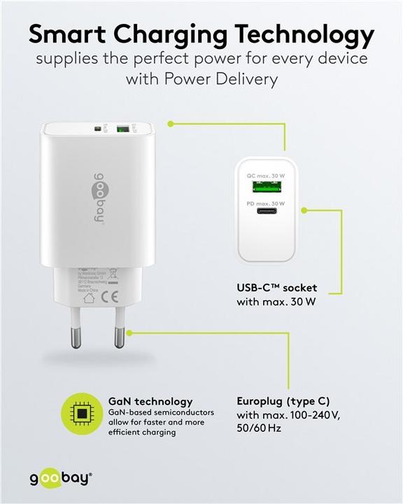 Immagine prodotto Goobay USB-C PD GaN Dual-Schnellladegerät 30 W weiss (30 W, 2 porte)