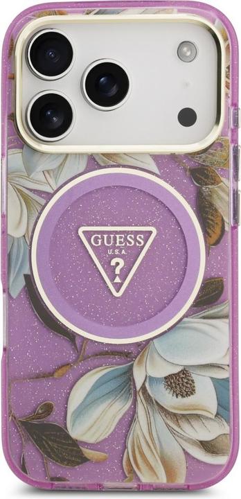 Produktbild Guess Case Magsafe IML Case Glitter Flowers And Triangle With Metal Camera Frame And Buttons For iPh (Apple iPhone 17 Pro Max)
