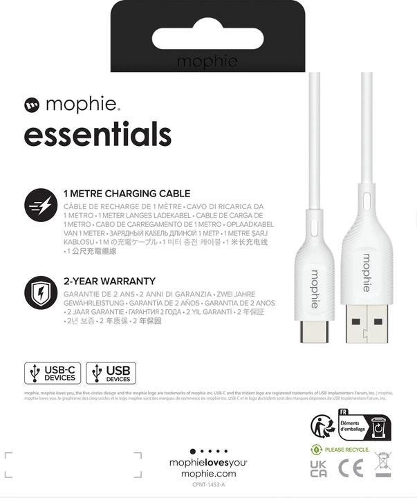 Nutritional values and ingredients Zagg Mophie Charge Essentials USB-A - USB-C Cable 1m - White (1 m, USB 2.0)