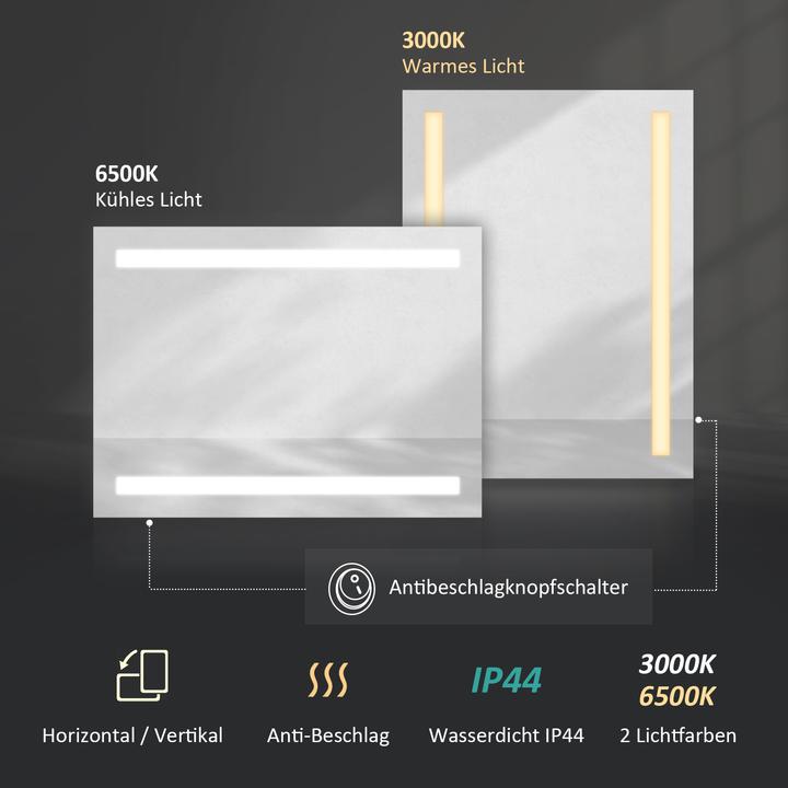 Produktbild Emke LED Badspiegel 60x45cm mit Touch-Schalter, Antibeschlag, Sicherheitsfolie, Warmweiss/Kaltweiss, IP44 (60 x 45 cm)