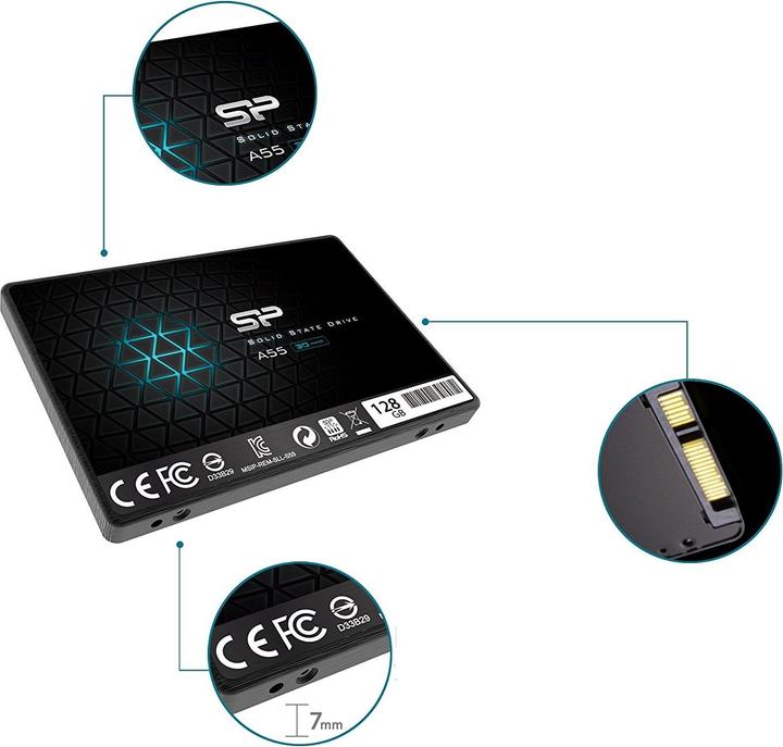 Image du produit Silicon Power A55 128 Go, facteur de forme SSD 2,5", interface SSD SATA, vitesse d'écriture 420 Mo (128 Go, 2.5")