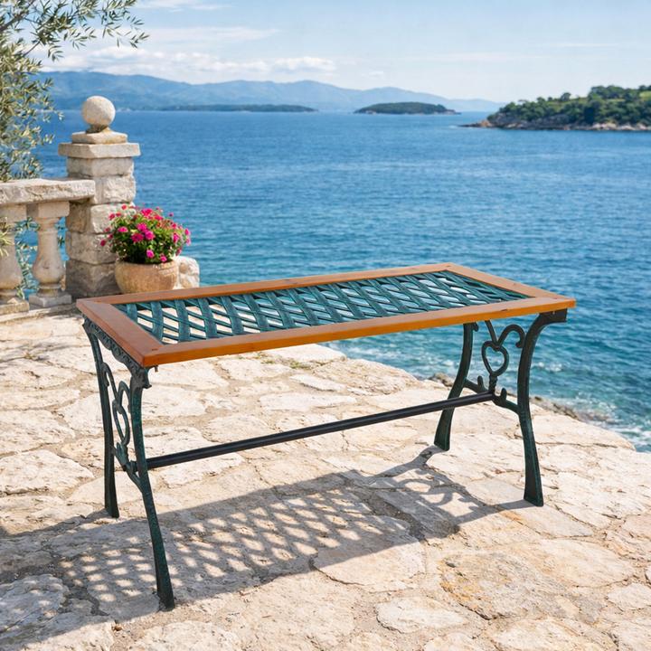 Produktbild Mojawo Gusseisen Gartentisch Outdoortisch Holz Glasplatte Natur 98x46xH56cm (46 x 98 x 56 cm)