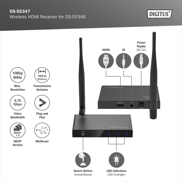 Produktbild Digitus Wireless HDMI Receiver für DS-55346 (100 m, HDMI 1.4a)