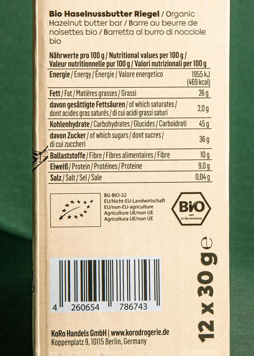 Nährwerte und Zutaten KoRo Bio Haselnussmus Riegel (Haselnuss, 12 Stk., 360 g)