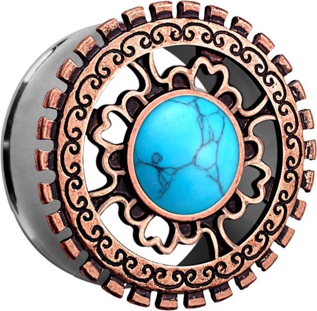 Produktbild Star Piercing Flared Tunnel mit Tribal Schild antik rosegold und türkis Stein (Messing, Chirurgenstahl 316L, Mineralisch)