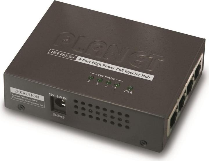 Actual product image Planet PoE 802.3at Injector 4-Port RJ-45 Hub 10/100/1000 Mbps Weight: 220g (802.3at (PoE+), 30.80 W)