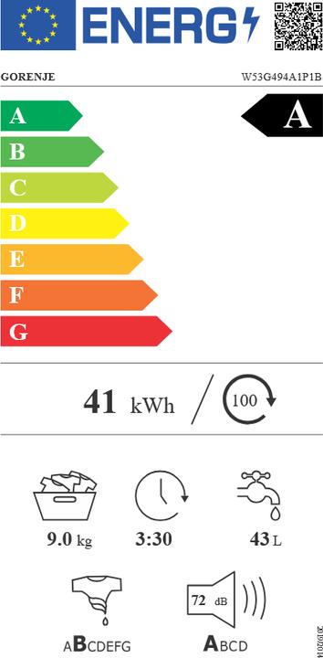 Energie-Label Gorenje Waschvollautomat W53G494A1P1B RAL9005 (9 kg, Links)
