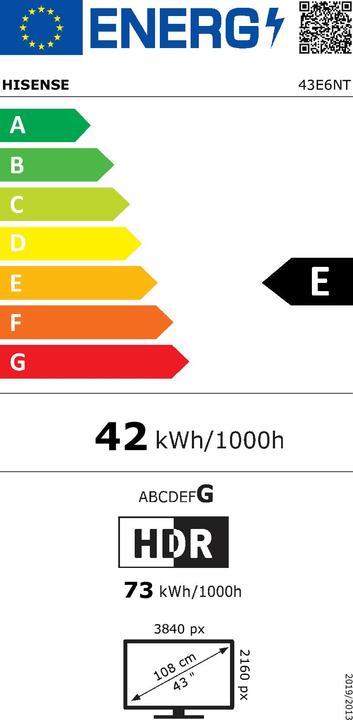 Etichetta energetica Hisense TV 43E6NT (108 cm (43 pollici), nero, UltraHD/4K, HDR, triplo sintonizzatore) (43", LED, UHD)