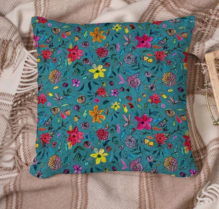 Immagine prodotto Globaltex Polyester-Stoff "Blumen-Türkis", 140 cm breit, Meterware