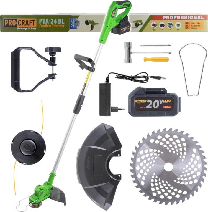 Produktbild Procraft PTA24 BL Akku Trimmer 20 V 150 mm + 1x Akku 3,0 Ah + Ladegerät (Metallschneideblatt, Trimmfaden)